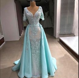Sky Blue Mermaid Elegant Formal Dresses Beaded Plus Size Dress Overskirt Evening Gowns Robe De Soiree Abendkleider