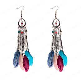 New Ethnic Blue Feather Long Earrings For Women Jhumka Jhumki Chain Indian Beads Earrings Handmade Oorbellen