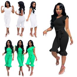 Fashion Women Jumpsuit Short Sleeve T-shirt Rompers Solid Color Falbala Designer Jumpsuits Summer One-piece Bodysuit Night Club Clothes S-3X