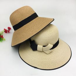 Fashion-Maxi High Quality Grass Braid cap Womens Straw Sun Hat Floppy Wide Brim contrast-color simple bow Fashion Beach Packable Hat