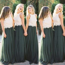 New Sexy Country Arabic Dark Green Bridesmaid Dresses Lace Top A Line Tulle Sleeveless Floor Length Custom Wedding Guest Maid Of Honour Gowns