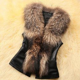 PU Leather Faux Fur Women Winter Coat Casual Plus Size Sleeveless Faux Fox Fur Collar Vest Winter Jacket Coat Women