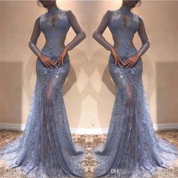 2020 High Neck Lace Mermaid Evening Dresses Sheer Long Illusion Sleeves Applique See Through Sweep Train Formal Party Prom Dresses