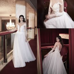 Modern A Line Maisonsignore Bohemian Dresses Jewel Neck Long Sleeve Tulle Lace Applique Sequins Wedding Gowns Floor Length robe de mariée