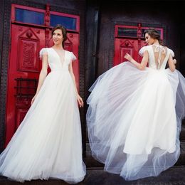 Newest A Line Tanya Grig Bohemian Dresses V Neck Short Sleeve Tulle Lace Applique Hollow Wedding Gowns Floor Length robe de mariée