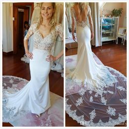 Sexy Spitze Meerjungfrau Kleider Juwel Neck Applique Lange Illusion Ärmel Court Zug Hochzeitskleid Brautkleider Vestidos de Novia Custom