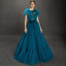 Classy Appliqued Short Sleeves Prom Dresses Sheer Jewel Neck A Line Evening Gowns Plus Size Tulle Pleated Formal Dress