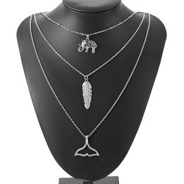 3 Layers Bohemia Beach Elements Elephant Feather Fishtail Pendant Necklace Vintage Chain Tassel Statement Necklace
