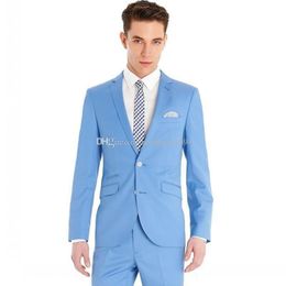 High Quality Two Buttons Light Blue Groom Tuxedos Notch Lapel Groomsmen Mens Suits Wedding/Prom/Dinner Blazer (Jacket+Pants+Tie) K388