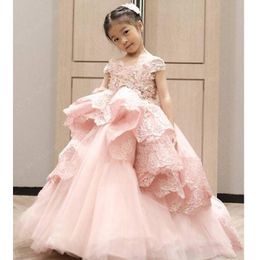 2019 Pink Lace Ball Gown Flower Girls Dresses Jewel Short Sleeve Ruffles Tiered Skirts Girls Pageant Gown First Communion Dresses 70