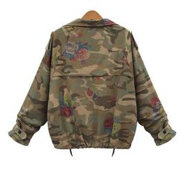 Wholesale-Women Jackets Autumn Winter Army Green Camouflage Jackets Floral Printed Zipper Jeans Coats For Woman Denim Cardigans