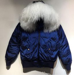 white Mongolia sheepskin fur trim Mukla furs brand blue bomber down jackets down fill coats keep warm