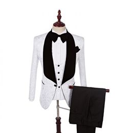 Fashion Designe White Jacquard Groom Tuxedos Black Lapel Groomsmen Men Wedding Dress Man Jacket Blazer 3 Piece Suit(Jacket+Pants+Vest+Tie)58