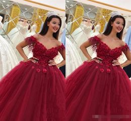 Red Quinceanera Dark Dresses Off The Shoulder Straps Feather Beaded Pearls Handmade Flowers Sweet 16 Birthday Party Ball Gown Custom Made