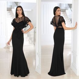 2020 Elegant Black Mermaid Evening Dresses Chiffon Jewel Applique Prom Dress Floor Lenght Special Occasion Dresses