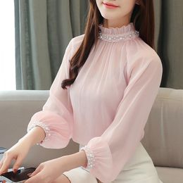 blusas mujer de moda 2020 beading ruffled collar pink chiffon blouse shirt long sleeve blouse women womens tops and blouses C700