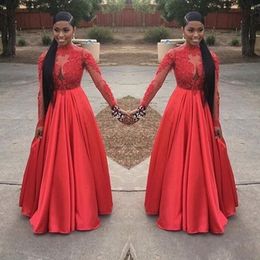 African Red A-Line Prom Dresses High Neck See Though Sleeves Satin Lace Appliques Floor Length Long Evening Wear Party Gowns