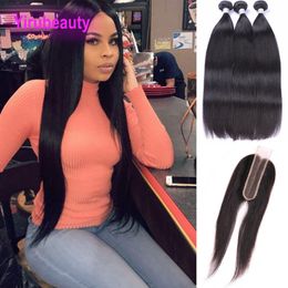Mongolian Unprocessed Human Hair Bundles With 2*6 Lace Closure Baby Hair Extensions Natural Colour Straight Wefts With Closure 8-28nch