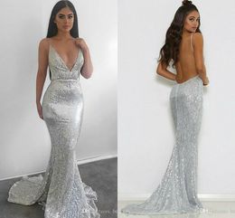 Mermaid Prom Sexy Spgahetti Straps Sequined Bling Backless Sweep Train Dresses Evening Party Wear Vestidos De Fiesta