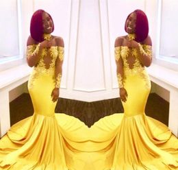 2020 Sexy Yellow Black Girls Mermaid Prom Dresses Lace Long Sleeves Backless Satin Floor Length Formal Party Wear Evening Gowns Custom