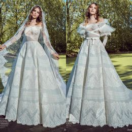 zuhair murad off shoulder lace long sleeve stripe appliques bridal gowns plus size country wedding gown robe de marie