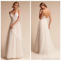 Sexy Sheer V-Neck Tulle A-Line Wedding Dresses Lace Appliques Sleeveless Customised Long Bridal Gowns Sexy Backless Simple Cheap Vestidos