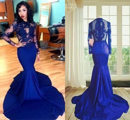 Hot Selling African 2019 Prom Dresses Royal Blue Illusion Mermaid Pageant Long Sleeve Lace Evening Vestido de noche Formal Long Party Gowns