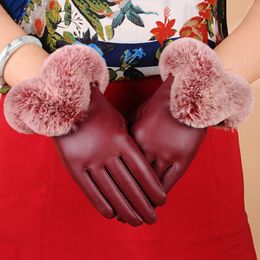 Fashion-Women Warm Thick Winter Gloves Leather Brand Mittens Free Size With Fur Female Touch screen Gloves