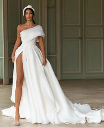 modest beach wedding dresses sexy one shoulder side split wedding dress illusion backless sweep train bridal gowns robes de marie