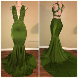 New Arrival Mermaid Olive Green Prom Dresses Long Lace Sequin Backless Deep V Neck Party Dress Sweep Train Evening Gowns