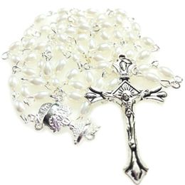 free shipping 5pcs/set mini white 6*4mm glass oval pearl bead rosary catholic rosario cute pearl rosary necklace chalice center