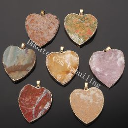 10Pcs Natural Rough Crystal Heart Stone Pendant Gold Plated Rim Heart Shape Raw Pink Quartz Gemstone Pendant Picture Jasper Unakite Citrine