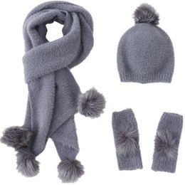 Women Winter Hat Scarf Gloves 3pc Set High Quality Cashmere Fur Pompom Female Warm Knitted Scarves