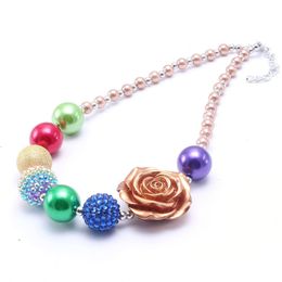 Newest Design Gold Color Flower Kid Chunky Necklace Bubblegume Bead Chunky Necklace Jewelry For Kid Girls