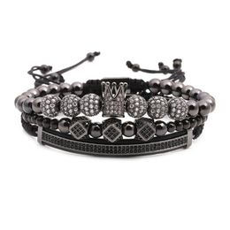 3pcs/Set Hip Hop Gold Crown Bracelets Cubic Micro Pave CZ Ball Charm Braided Braiding For Women Man Luxury Jewellery