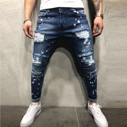 Fashion-Men's Painted Skinny Slim Fit Straight Ripped Distressed Pleated Knee Patch Denim Pants Stretch Jeans