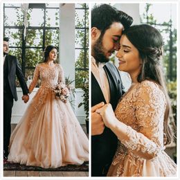 Aso Ebi 2020 Arabic Muslim Gold Lace Beaded Evening Dresses Sheer Neck Prom Dresses Long Sleeves Formal Party Second Reception Gowns ZJ324