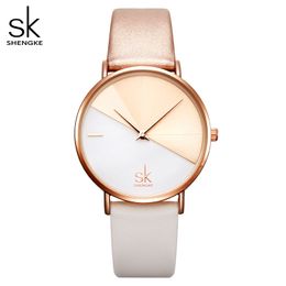 Shengke Fashion Women Dual Colour Faux Leather Strap Round Dial Analogue Quartz Wrist Watch Simple Quartz Watch Dating Gift Watch311B