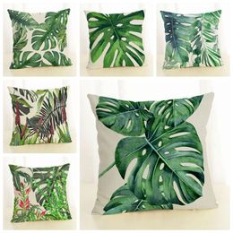 green tropical leaves cushion cover summer plant home farmhouse decor chair chaise throw pillow case linen funda cojin