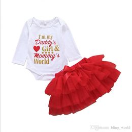 Baby Girls Outfits Letter Printed Kids Romper Red Skirts 2PCS Sets Girl Net Skit Suits Children Clothes Summer Kids Clothing YW2538