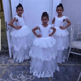White Feathers Lace Cupcake Flower Girl Dresses Juniors For Wedding Cap Sleeve Jewel Party Prom Dress Toddler Graduation Pageant Gowns