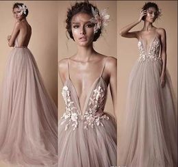 2018 Berta sexy Evening Wear Formal Dresses v neck Sheer Tulle Lace Floral Spaghetti straps Sweep Train Backless Holiday Party Prom Dress