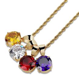 Unisex Fashion Men Women Necklace Gold Plated Round CZ Mini Ruby Pendant with Rope Chain Necklace for Men Women Nice Gift