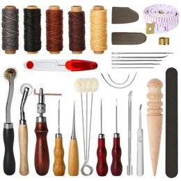 ABKM Hot 31 Pcs Leather Sewing Tools Diy Leather Craft Tools Hand Stitching Tool Set With Groover Awl Waxed Thread Thimble Kit