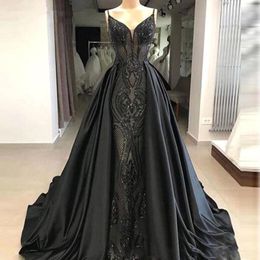 Black Long Evening Dresses Spaghetti Straps Lace Mermaid Satin Over skirts Floor Length Formal Party Evening Gowns