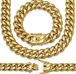 14mm Miami Cuban Link Bracelet 9'' & Chain 30'' 18k Gold Plated Stainless Steel