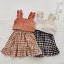 Girls Shirts Skirt Suit Kids Suspenders Tops Plaid Skirt 2 Pcs Sets Baby Ruffle Button Princess Outfits Child Summer Clothing Set ZYQA563