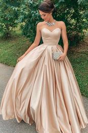 Simple Champagne Satin Evening Dresses Long Sweetheart A Line Special Occasion Desses Elegant Prom Gown Women Formal Dress Party
