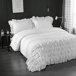 3 Pcs/Set Modern Style Ruffle Polyester Bedding Set Pillowcase Duvet Cover Pleated Lace Bedding Sets White Bed Linen Set