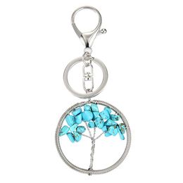 Tree Of Life Pendant Keychains Natural Crystal Stone Keyring Key Chain 7 Chakra Healing Round Handmade Key Ring Car Key Holder Bag338s